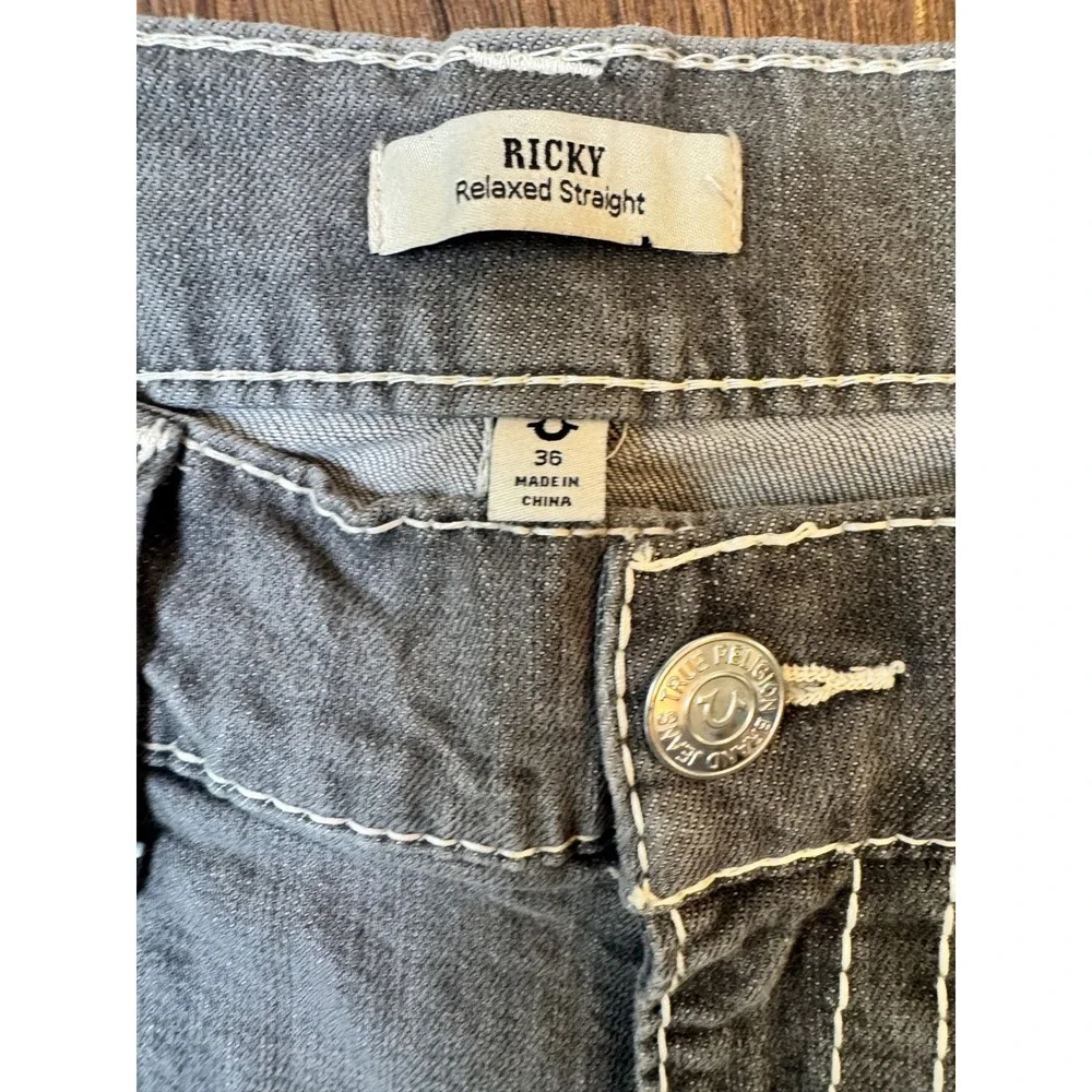 Y2K True Religion Ricky Relaxed Straight Gray Jeans White Contrast Stitch Sz 36